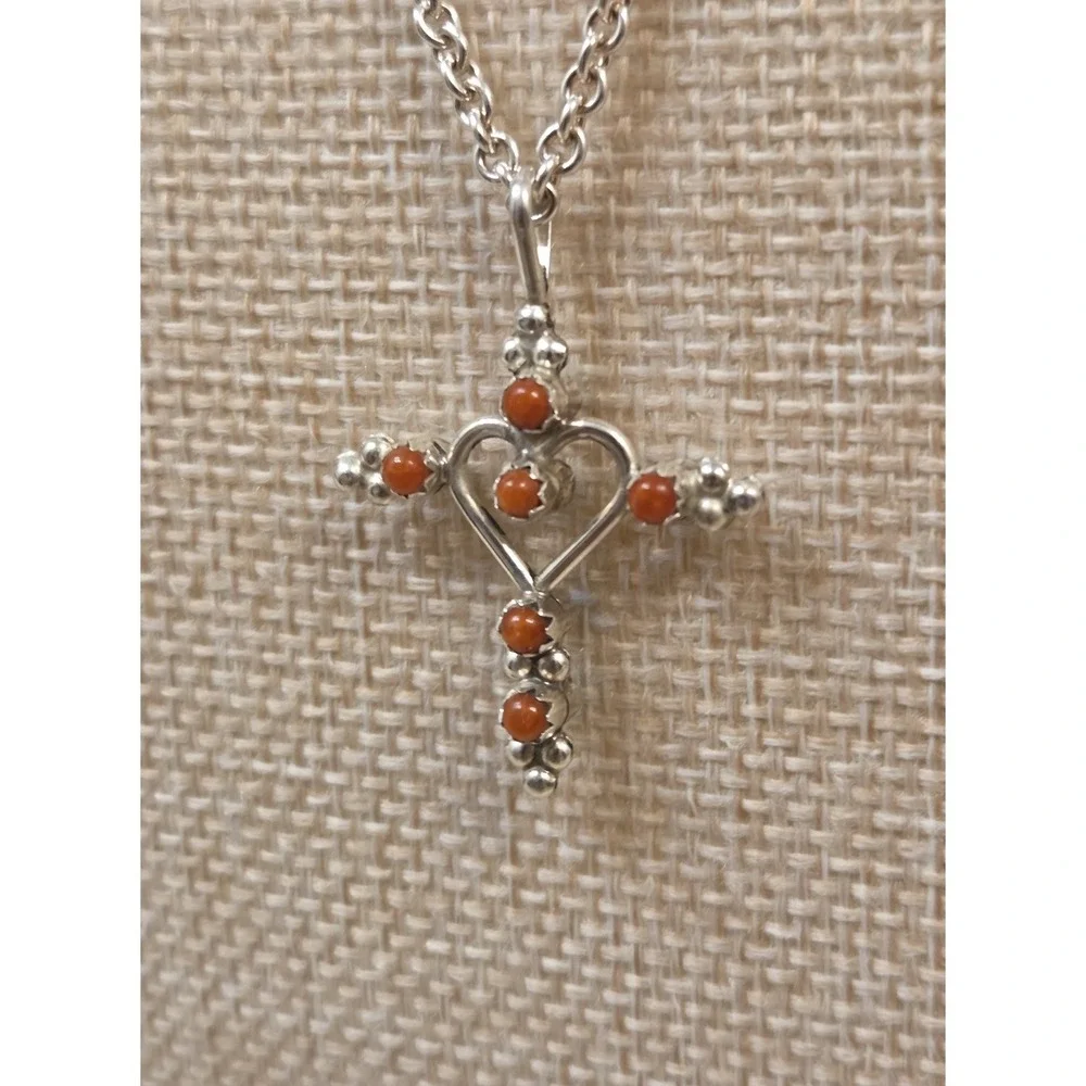 Cynthia Elliot Sterling Silver 2 Sided Turquoise Red Coral Heart Cross Necklace